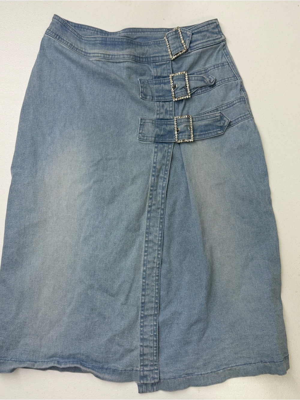 LAFEL-NIER Size 3 Y2K Denim Rhinestone Buckle Wrap Midi Skirt